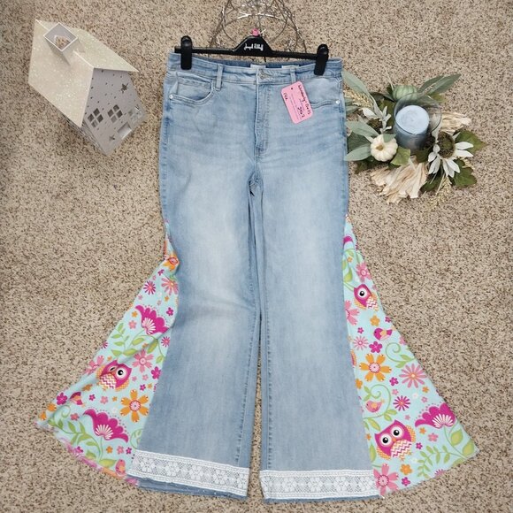 Handmade Denim - 3462 Size 14r Wonderly Upcycled Bell-Bottoms In Teal and Pink Print.
